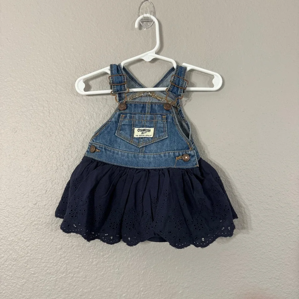 OshKosh B'gosh Girl's Size 3M Blue Denim Eyelet Overall Dress‎ OSH11771-IGP